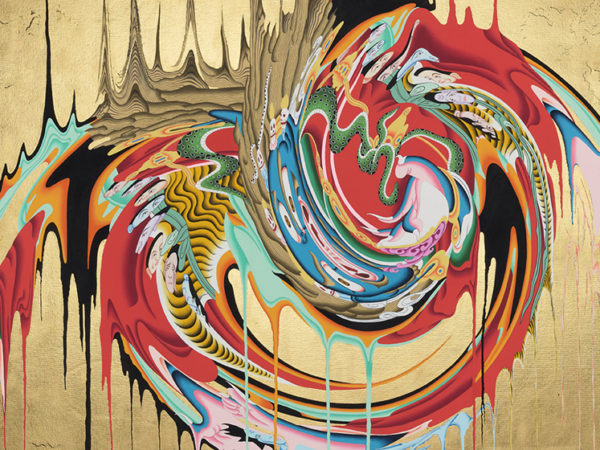 A swirled painting on a gold background.